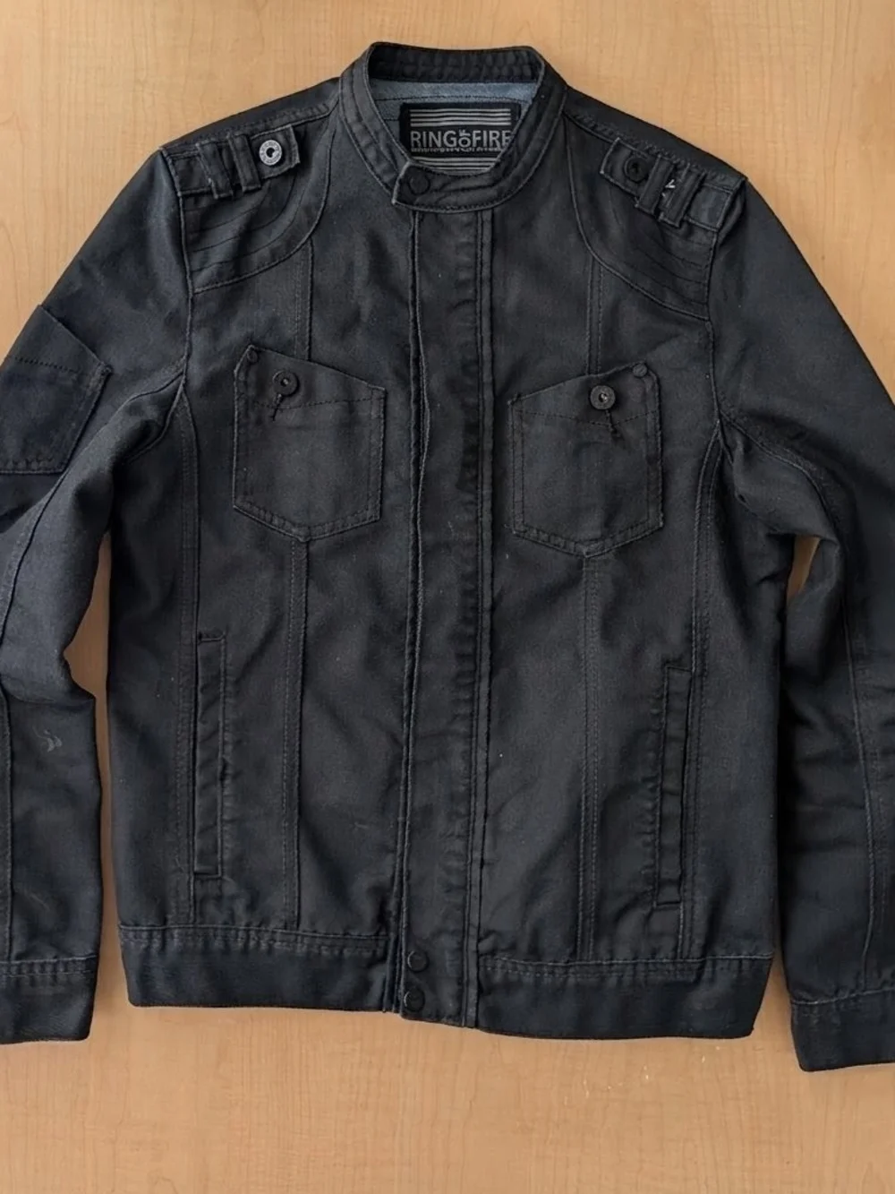 Ring of Fire Men's Black Denim Military Field Moto Bomber  Jacket